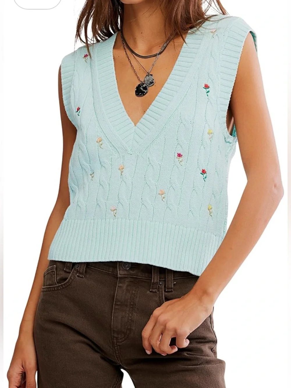 Free People Plumeria Palm Tree Sky Blue Cotton Sweater Vest Size Medium NWT